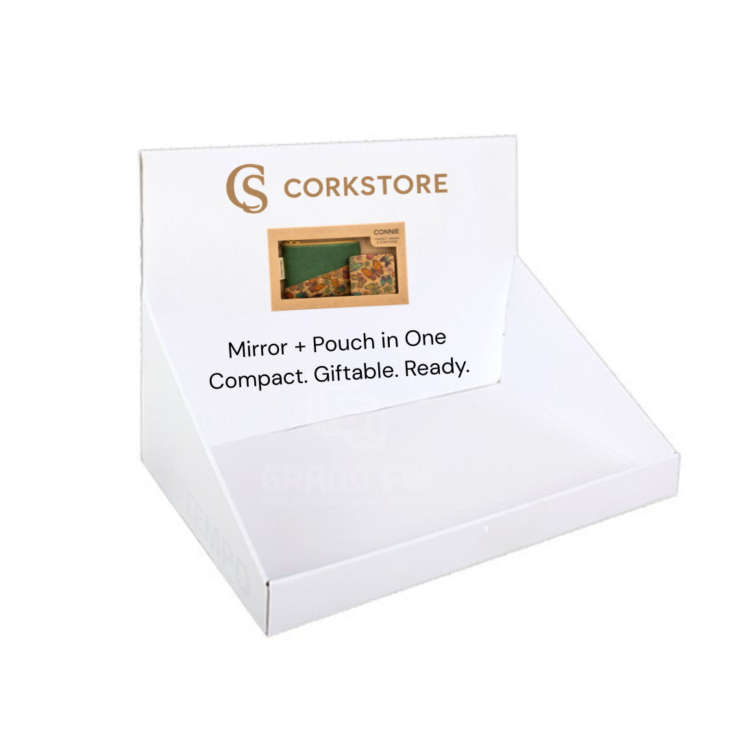 White cardboard display box w Corkstore branding for CONNIE
