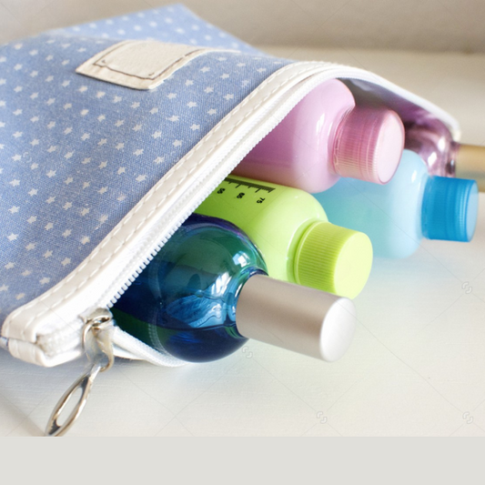 toiletry bag with cosmetic bottles