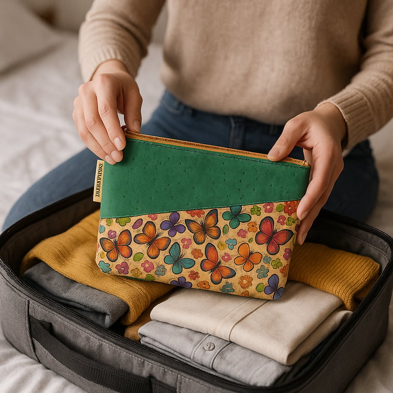 woman packing ANNIE cork toiletry purse in suitcase
